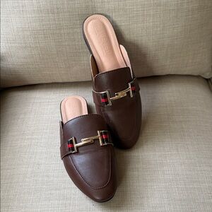 Chic Brown Leather Mules with Gold Accent